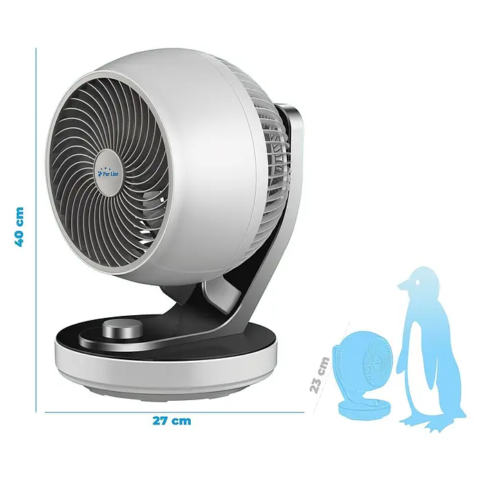Purline Venty Ventilador de suelo TA 60 - 60 W, Blanco, 27 cm - Imagen de un ventilador Pur Line con dimensiones, 40 cm de alto y 27 cm de ancho, al lado una gráfica de comparación de tamaño con un pingüino.