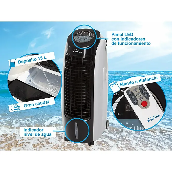 Purline Rafy Climatizador evaporativo 100 - Blanco/Negro, Altura: 88 cm, 130 W - Imagen de un ventilador de torre Pur Line con panel LED, mando a distancia e indicador de nivel de agua sobre un fondo de playa.