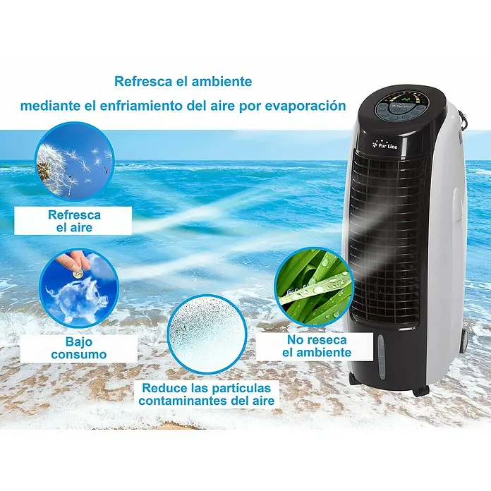Purline Rafy Climatizador evaporativo 100 - Blanco/Negro, Altura: 88 cm, 130 W - La imagen muestra un enfriador de aire Pur Line, que enfría el aire por evaporación y garantiza un ambiente agradable.