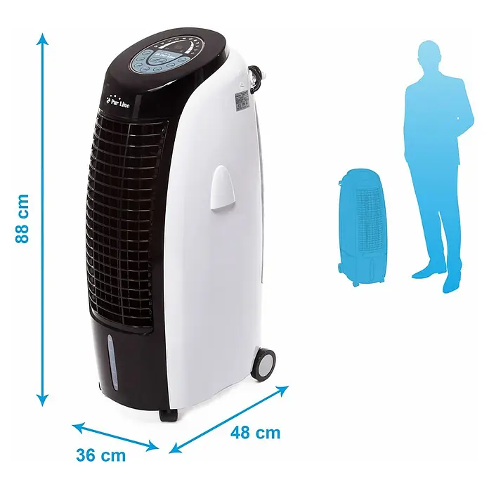 Purline Rafy Climatizador evaporativo 100 - Blanco/Negro, Altura: 88 cm, 130 W - Imagen de un enfriador de aire evaporativo Purline con dimensiones de 88 cm de altura, 36 cm de profundidad y 48 cm de ancho.