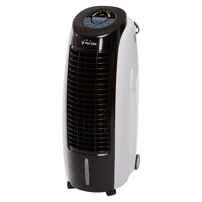 Purline Rafy Climatizador evaporativo 100 - Blanco/Negro, Altura: 88 cm, 130 W - Un refrigerador de torre Pur Line portátil en blanco y negro. El refrigerador de aire tiene un panel de control digital y un indicador de nivel de agua transparente.