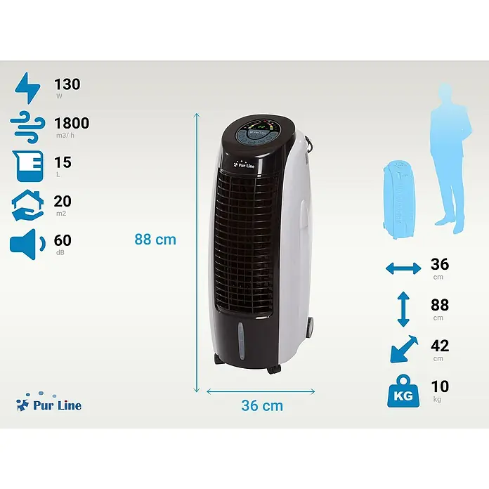 Purline Rafy Climatizador evaporativo 100 - Blanco/Negro, Altura: 88 cm, 130 W - Imagen del producto de un ventilador de torre Pur Line con especificaciones técnicas y detalles de tamaño.