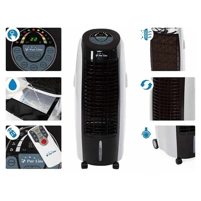 Purline Rafy Climatizador evaporativo 100 - Blanco/Negro, Altura: 88 cm, 130 W - Imagen de un ventilador de torre Pur Line, que ofrece refrigeración y confort. Perfecto para los días calurosos, con mando a distancia.