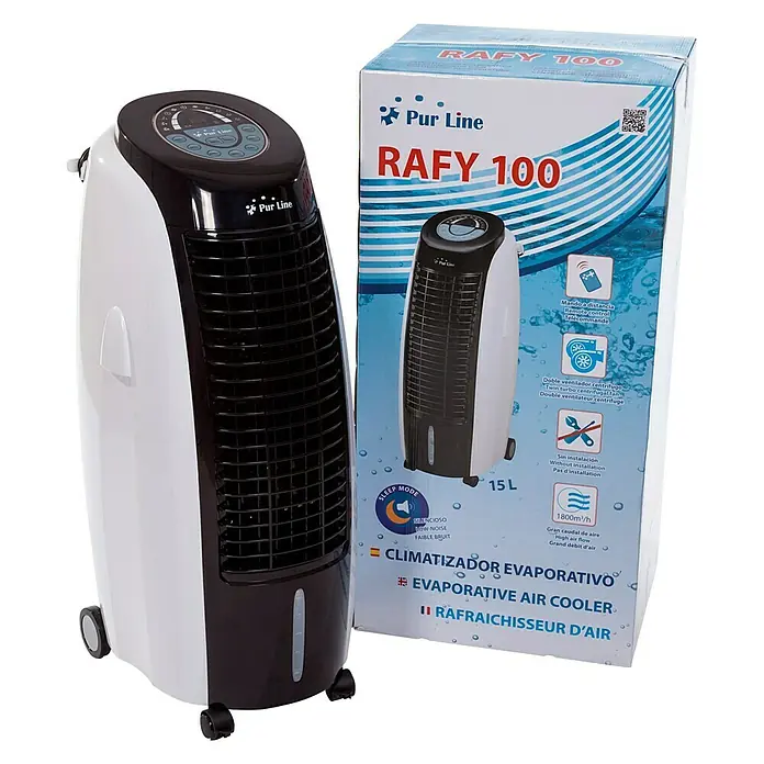 Purline Rafy Climatizador evaporativo 100 - Blanco/Negro, Altura: 88 cm, 130 W - Imagen del enfriador de aire Pur Line RAFY 100 y su caja. Un dispositivo portátil para una temperatura ambiente agradable.