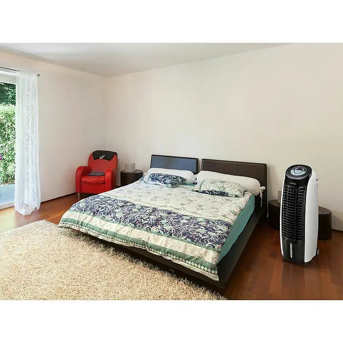 Purline Rafy Climatizador evaporativo 100 - Blanco/Negro, Altura: 88 cm, 130 W - Dormitorio con ventilador de torre blanco y negro para una circulación de aire y refrigeración óptimas.