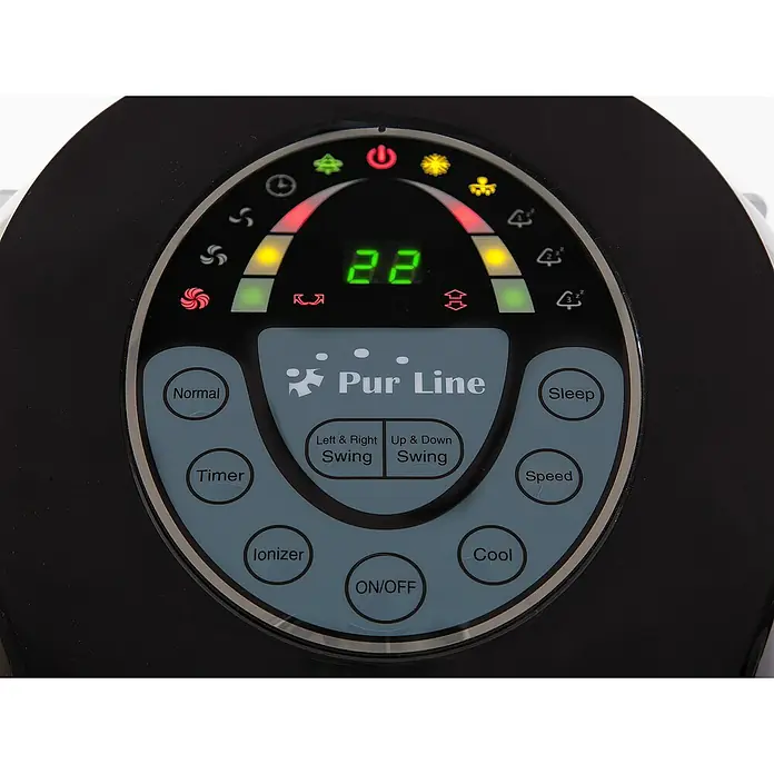 Purline Rafy Climatizador evaporativo 100 - Blanco/Negro, Altura: 88 cm, 130 W - Primer plano de los controles de un dispositivo Pur Line, destacando funciones como Normal, Sleep, Timer, Ionizer, Cool y Swing.
