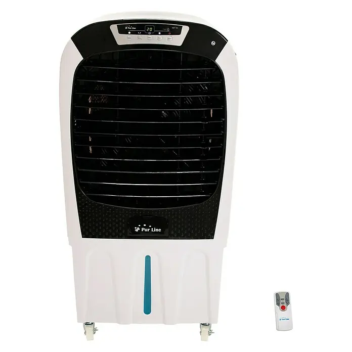 Purline Rafy Aire acondicionado portátil 195 - 450 W, Blanco/Negro - Imagen de un enfriador de aire Pur Line con pantalla digital y mando a distancia a juego.