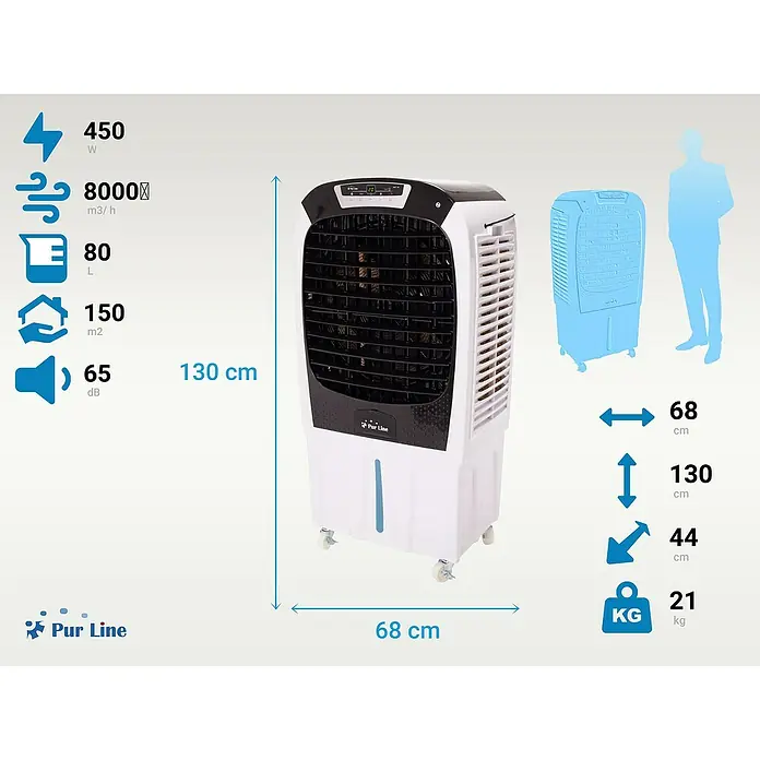 Purline Rafy Aire acondicionado portátil 195 - 450 W, Blanco/Negro - Imagen de un enfriador de aire Pur Line con dimensiones de 68 cm de ancho, 130 cm de alto y un peso de 21 kg, para demostración del producto.