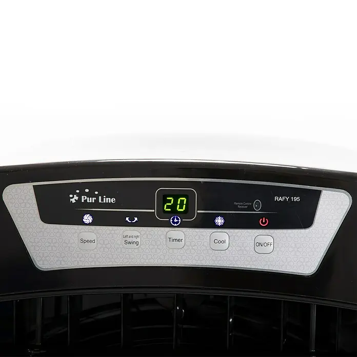 Purline Rafy Aire acondicionado portátil 195 - 450 W, Blanco/Negro - Primer plano del panel de control de un enfriador de aire Pur Line RAFY 195, destacando las funciones de velocidad, temporizador y enfriamiento.