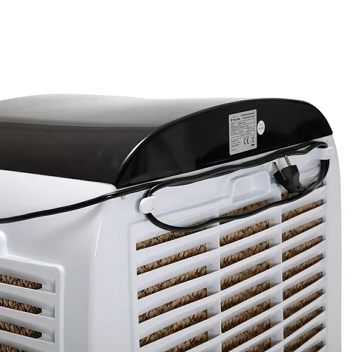 Purline Rafy Aire acondicionado portátil 195 - 450 W, Blanco/Negro - Vista posterior de un enfriador de aire con almacenaje de cable y almohadillas de refrigeración marrón.