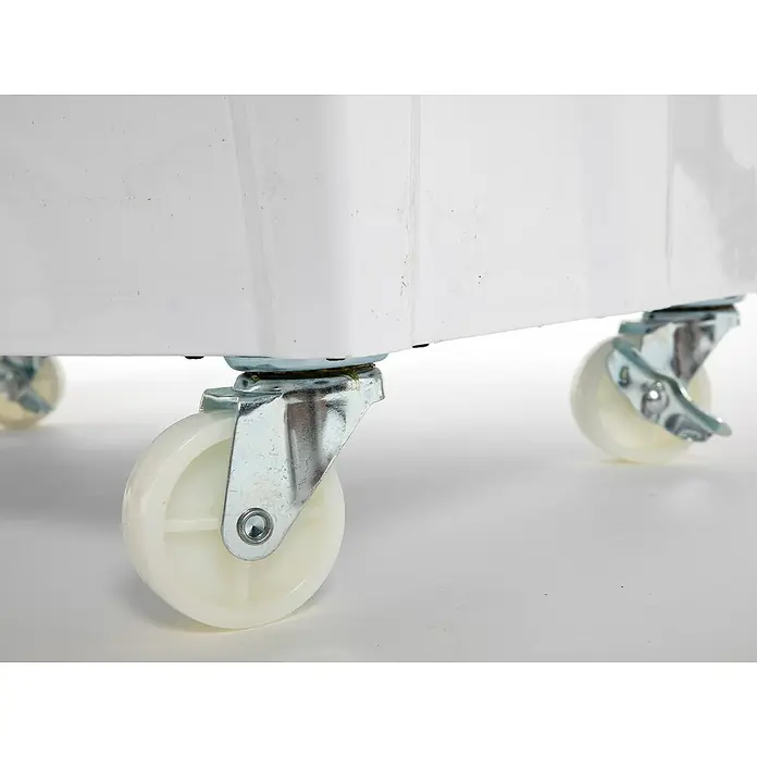 Purline Rafy Aire acondicionado portátil 195 - 450 W, Blanco/Negro - Primer plano de las ruedas blancas de un carro, que garantizan movilidad y flexibilidad. Ideal para transportar objetos fácilmente.