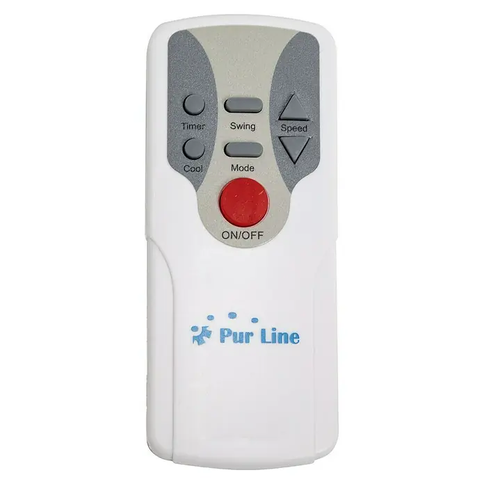 Purline Rafy Climatizador evaporativo 185 - Blanco/Negro, Altura: 104 cm, Potencia frigorífica: 200 W, Tamaño de la estancia: 80 m² - Primer plano de un mando a distancia blanco de Pur Line con botones grises para Temporizador, Swing, Velocidad, Modo y un botón de encendido/apagado rojo.