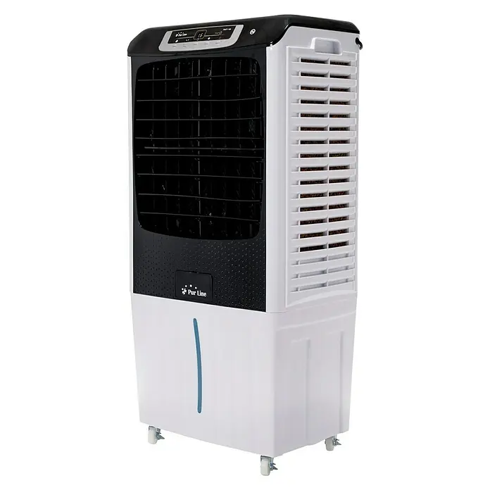 Purline Rafy Climatizador evaporativo 185 - Blanco/Negro, Altura: 104 cm, Potencia frigorífica: 200 W, Tamaño de la estancia: 80 m² - Un enfriador de aire Purline independiente en blanco y negro. La unidad cuenta con ruedas y una pantalla digital.