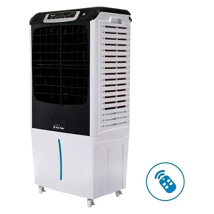 Purline Rafy Climatizador evaporativo 185 - Blanco/Negro, Altura: 104 cm, Potencia frigorífica: 200 W, Tamaño de la estancia: 80 m² - Imagen de un enfriador de aire Purline portátil, blanco y negro, con mando a distancia, ideal para enfriar espacios pequeños.