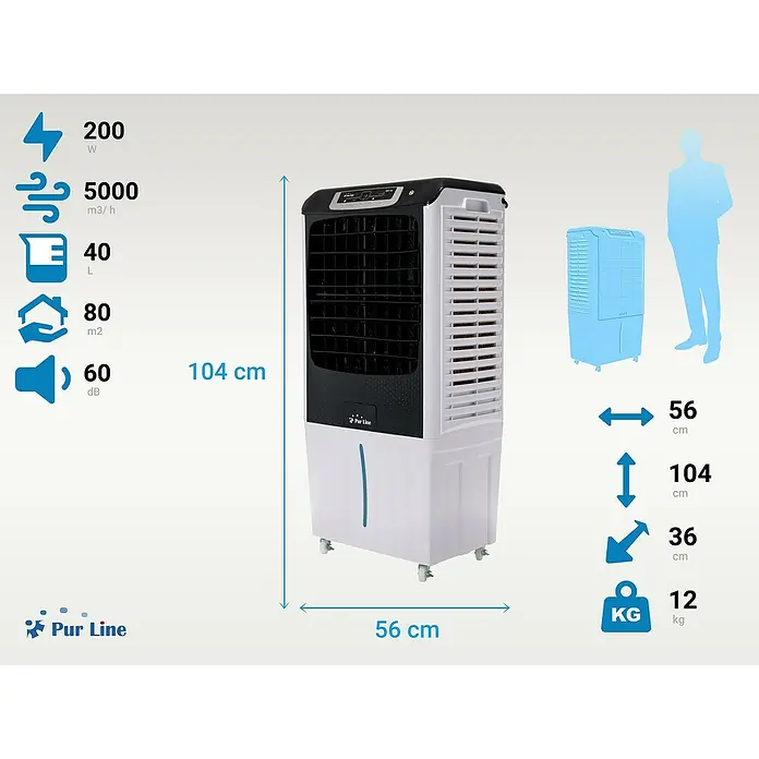 Purline Rafy Climatizador evaporativo 185 - Blanco/Negro, Altura: 104 cm, Potencia frigorífica: 200 W, Tamaño de la estancia: 80 m² - Imagen de un enfriador de aire con detalles técnicos como potencia, flujo de aire, volumen del tanque y dimensiones.