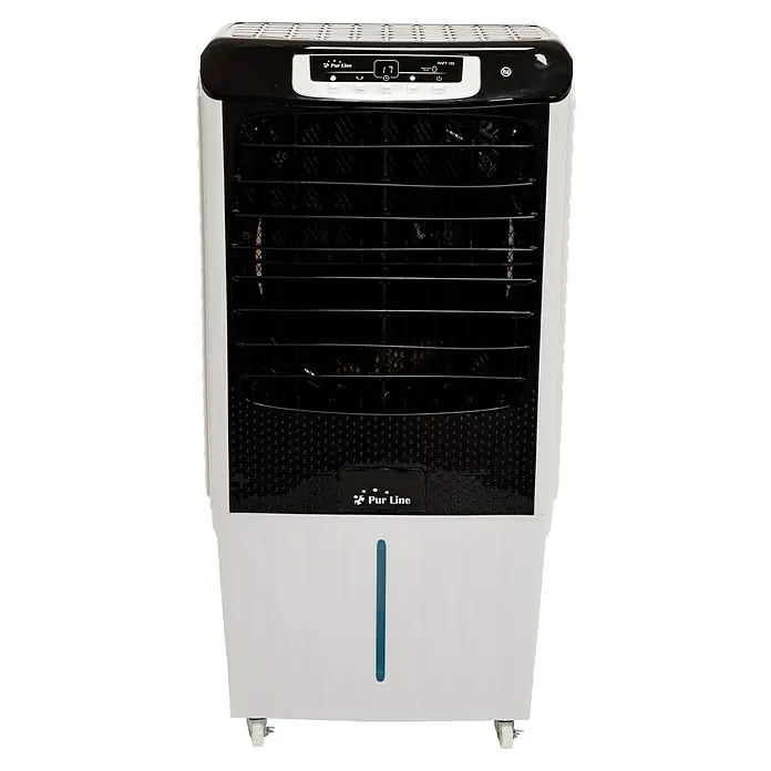 Purline Rafy Climatizador evaporativo 185 - Blanco/Negro, Altura: 104 cm, Potencia frigorífica: 200 W, Tamaño de la estancia: 80 m² - Imagen de un enfriador de aire Pur Line RAFY 185 en blanco y negro. Ideal para enfriar habitaciones, con ruedas para facilitar el transporte.