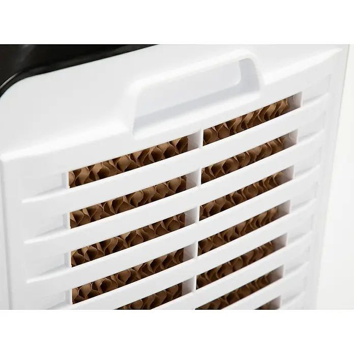 Purline Rafy Climatizador evaporativo 185 - Blanco/Negro, Altura: 104 cm, Potencia frigorífica: 200 W, Tamaño de la estancia: 80 m² - Primer plano de un enfriador evaporativo con las almohadillas de enfriamiento visibles a través de una rejilla blanca. Centrado en la estructura del enfriador.