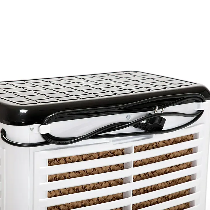 Purline Rafy Climatizador evaporativo 185 - Blanco/Negro, Altura: 104 cm, Potencia frigorífica: 200 W, Tamaño de la estancia: 80 m² - Primer plano de un enfriador de aire con almacenamiento de cable. El enfriador de aire es blanco con una parte superior negra y almohadillas de refrigeración marrones.
