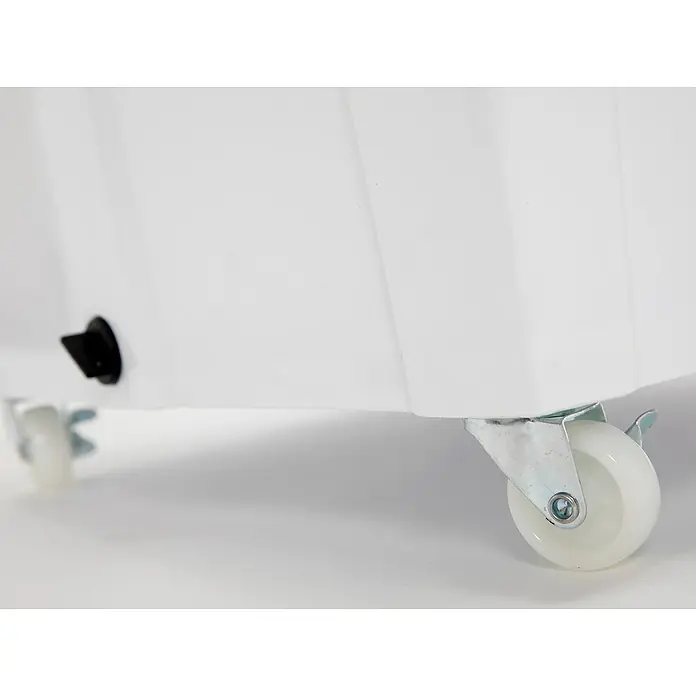 Purline Rafy Climatizador evaporativo 185 - Blanco/Negro, Altura: 104 cm, Potencia frigorífica: 200 W, Tamaño de la estancia: 80 m² - Primer plano de un contenedor blanco con ruedas, perfecto para transportar y almacenar diversos productos.