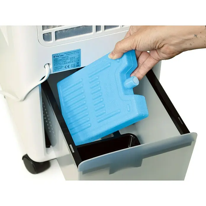 Purline Rafy Climatizador evaporativo SC - Blanco/Negro, Altura: 79 cm, 140 W - Se inserta un paquete de hielo azul en un enfriador de aire móvil para mejorar su rendimiento de enfriamiento. Ideal para días calurosos.