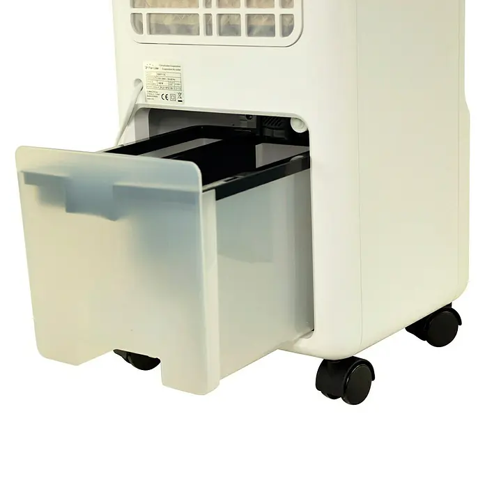 Purline Rafy Climatizador evaporativo SC - Blanco/Negro, Altura: 79 cm, 140 W - Detalle de un aire acondicionado portátil con el depósito de agua extraído, mostrando la facilidad de mantenimiento y limpieza de la unidad.