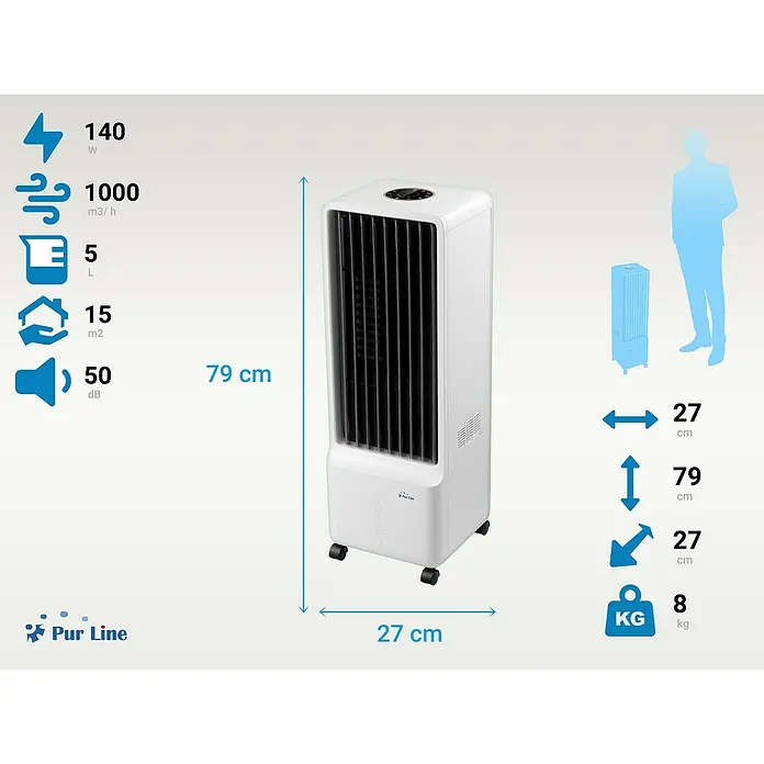 Purline Rafy Climatizador evaporativo SC - Blanco/Negro, Altura: 79 cm, 140 W - Imagen del producto de un enfriador de aire blanco con datos técnicos y dimensiones.