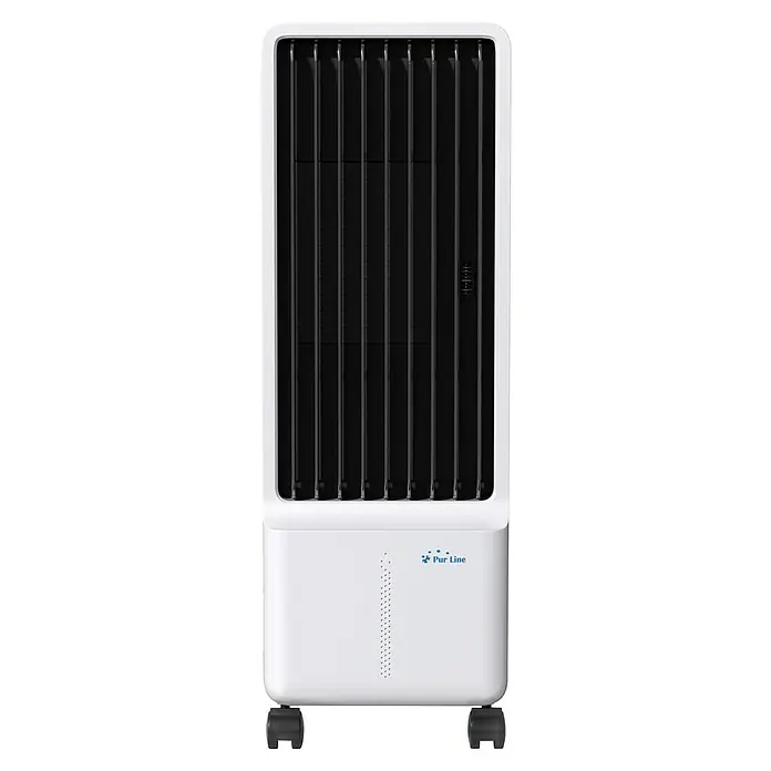 Purline Rafy Climatizador evaporativo SC - Blanco/Negro, Altura: 79 cm, 140 W - Un enfriador de aire Pur Line blanco con lamas negras y ruedas para facilitar su transporte.