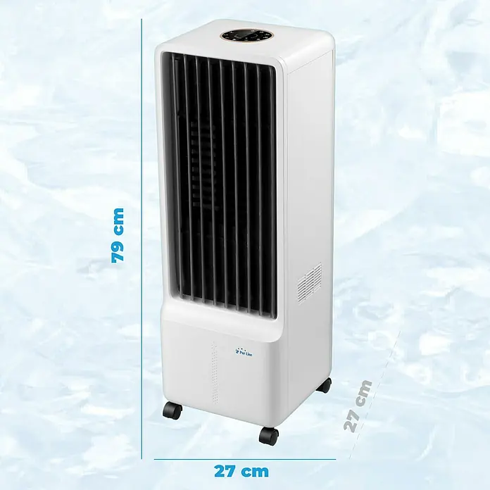 Purline Rafy Climatizador evaporativo SC - Blanco/Negro, Altura: 79 cm, 140 W - Imagen de un enfriador de aire portátil tipo torre con dimensiones de 79 cm de alto y 27 cm de ancho.
