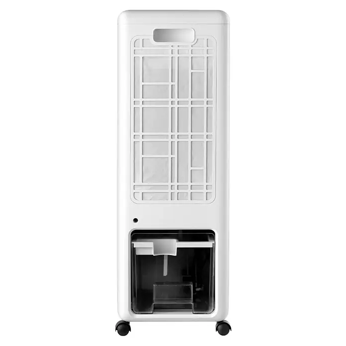 Purline Rafy Climatizador evaporativo SC - Blanco/Negro, Altura: 79 cm, 140 W - Vista posterior de un refrigerador de aire portátil, delgado y blanco con rejilla y depósito de agua transparente para refrigeración y confort.