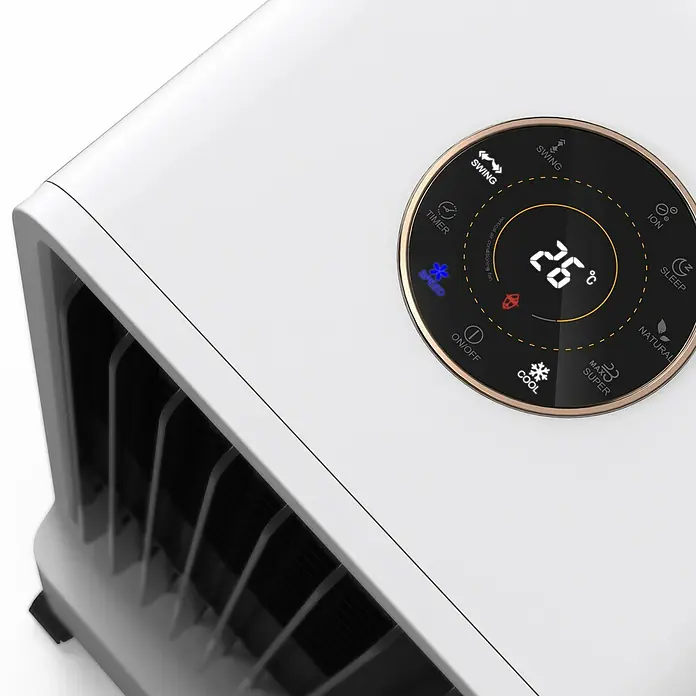 Purline Rafy Climatizador evaporativo SC - Blanco/Negro, Altura: 79 cm, 140 W - Primer plano de los controles de un enfriador de aire con pantalla digital que muestra la temperatura y varios ajustes.