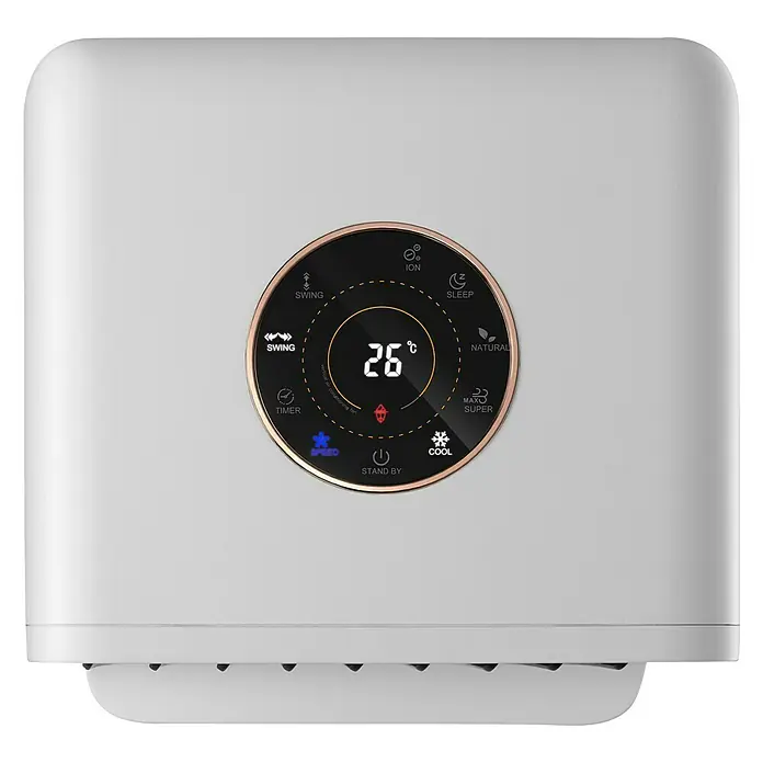 Purline Rafy Climatizador evaporativo SC - Blanco/Negro, Altura: 79 cm, 140 W - Primer plano de un aire acondicionado con pantalla digital que muestra 26 grados Celsius.