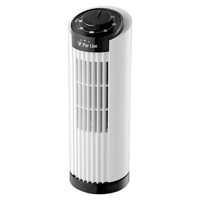 Purline Venty Ventilador de torre TO 10 - Blanco, 33 cm - Un elegante ventilador de torre blanco con un panel de control negro y el logo "Pur Line", ideal para refrescar cualquier habitación.