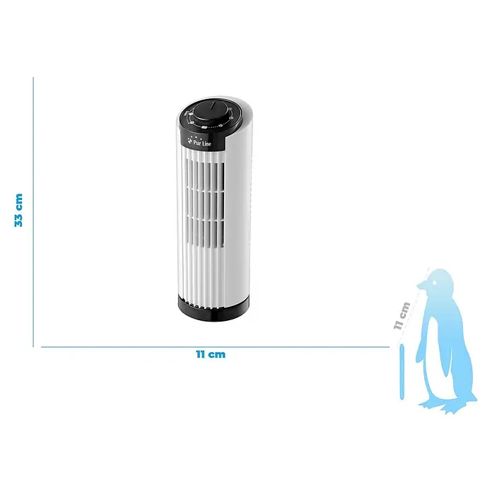 Purline Venty Ventilador de torre TO 10 - Blanco, 33 cm - Imagen de un ventilador de torre Pur Line blanco con dimensiones. Ideal para los días calurosos, ahorra espacio y es eficiente.