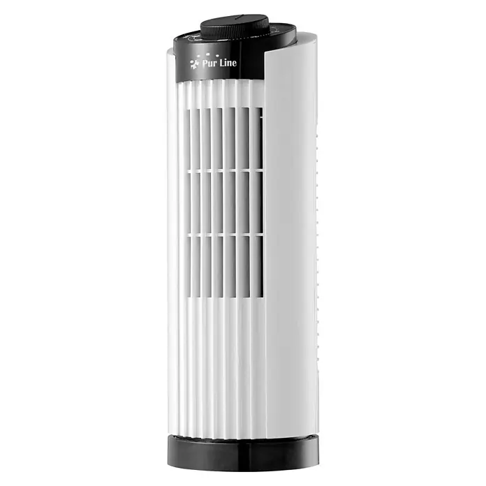 Purline Venty Ventilador de torre TO 10 - Blanco, 33 cm - Un ventilador de torre blanco de Pur Line con un panel de control negro en la parte superior, refrescante el ambiente.
