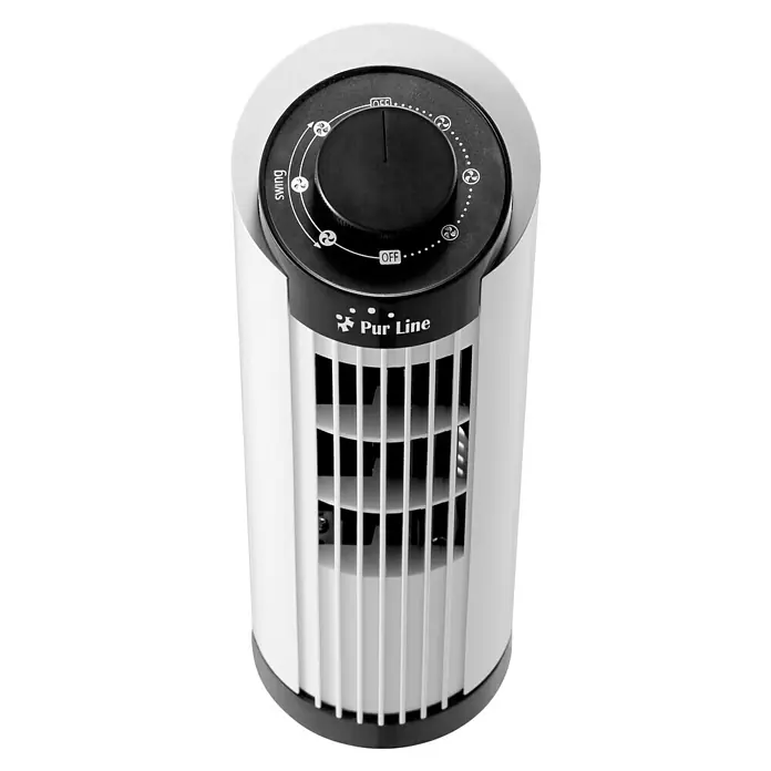 Purline Venty Ventilador de torre TO 10 - Blanco, 33 cm - En la imagen se muestra el ventilador de torre Pur Line, que incluye un botón de control para seleccionar modos como apagado, velocidades del ventilador y oscilación.