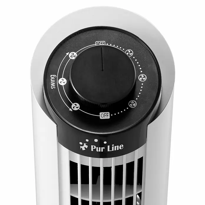 Purline Venty Ventilador de torre TO 10 - Blanco, 33 cm - Primer plano de un ventilador de torre Pur Line con un mando para controlar la velocidad y la función de giro.
