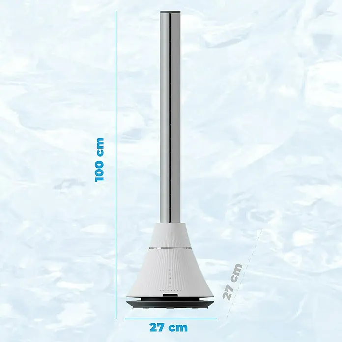 Purline Venty Ventilador de torre TO 110 - Blanco, 100 cm - Imagen de un ventilador de torre de 100 cm de alto con una base de 27 cm, de pie sobre una superficie texturizada.