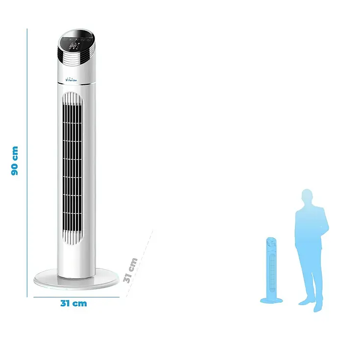 Purline Venty Ventilador de torre TO 40 - Blanco, 90 cm - Imagen de un ventilador de torre blanco con dimensiones de 90 cm de altura y 31 cm de diámetro.