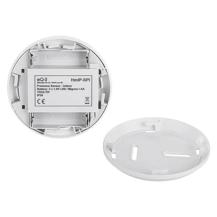 Homematic IP Bewegungsmelder HmIP-SPI - Batteriebetrieben, Ø x H: 10 x 2,9 cm, Bewegungssensorik, 105 ° - Bild eines geöffneten eQ-3 HmIP-SPI Präsenzsensors für den Innenbereich mit Batteriefach und Abdeckung.