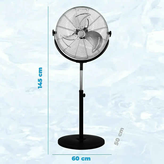 Purline Venty Ventilador de pie Industrial 120F - Plateado/Negro, 50 cm, 145 cm - Imagen de un elegante ventilador negro con rejillas plateadas y dimensiones de 145cm de alto y 60cm de ancho, perfecto para un clima agradable.
