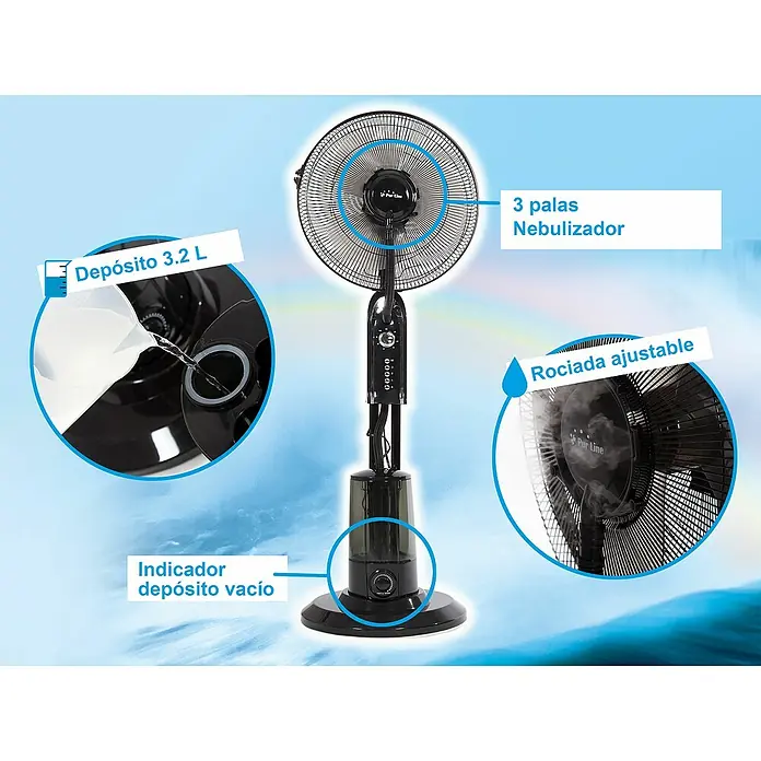 Purline Misty Ventilador de pie 1 - Negro, Altura: 125 cm - Este ventilador humidificador negro proporciona un clima interior agradable. Tiene un depósito de 3,2 litros, rociado ajustable y 3 aspas.