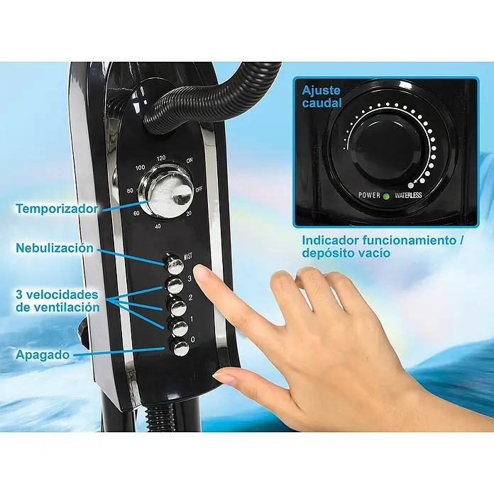 Purline Misty Ventilador de pie 1 - Negro, Altura: 125 cm - Primer plano de un humidificador con temporizador, nebulizador, tres velocidades e indicador de encendido/nivel de agua.