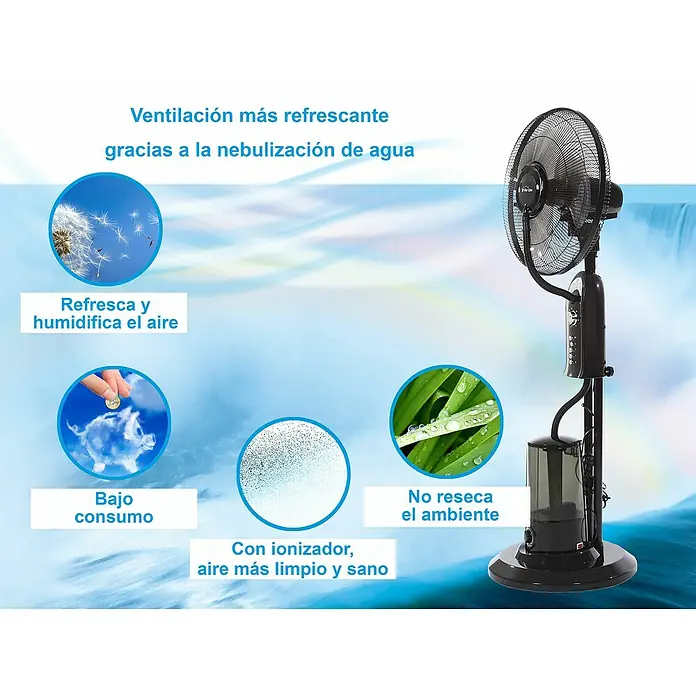 Purline Misty Ventilador de pie 1 - Negro, Altura: 125 cm - Imagen de un ventilador de torre con función de nebulización que proporciona refrigeración refrescante y humidificación del aire.