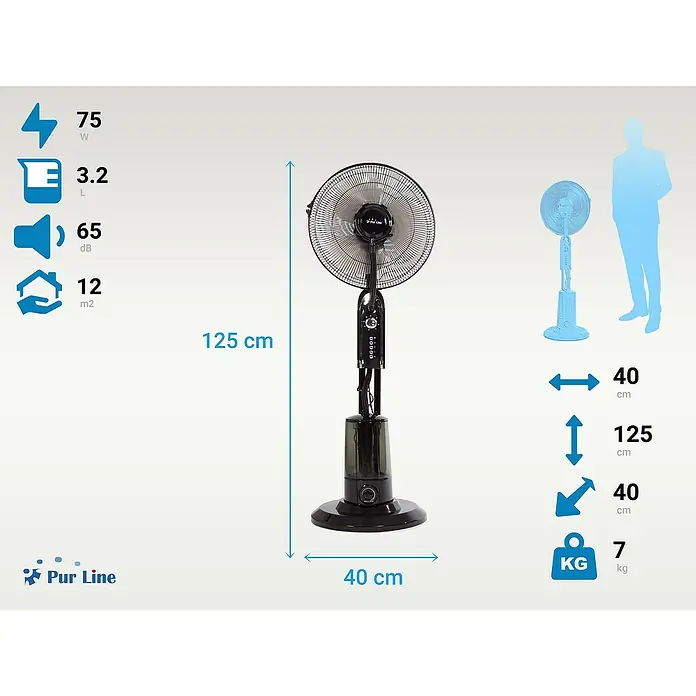 Purline Misty Ventilador de pie 1 - Negro, Altura: 125 cm - Imagen de un ventilador de pie Pur Line con datos técnicos y dimensiones, incluido el peso.