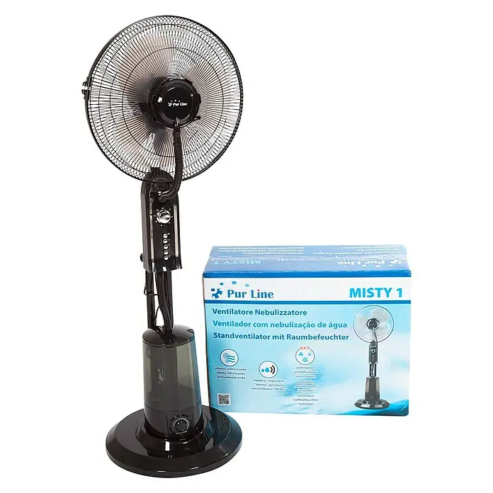 Purline Misty Ventilador de pie 1 - Negro, Altura: 125 cm - El ventilador Pur Line MISTY 1 con nebulizador y humidificador proporciona una refrigeración agradable en días calurosos.