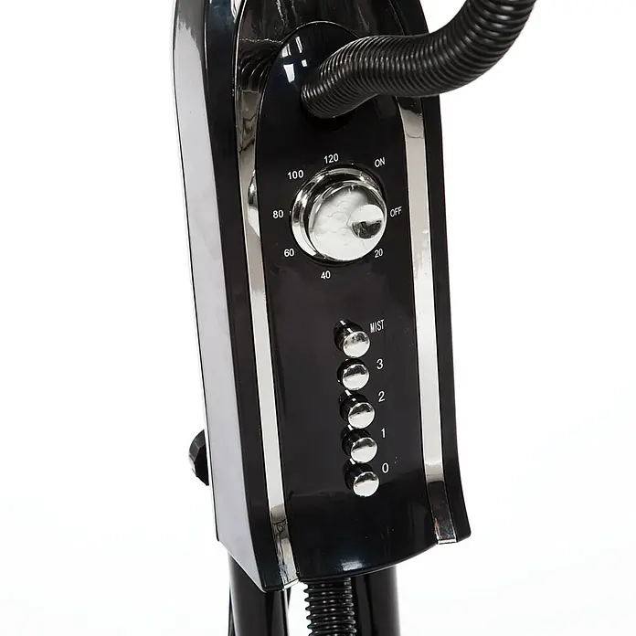 Purline Misty Ventilador de pie 1 - Negro, Altura: 125 cm - Detalle del panel de control de un vaporizador capilar con dial de temperatura y ajustes de niebla.