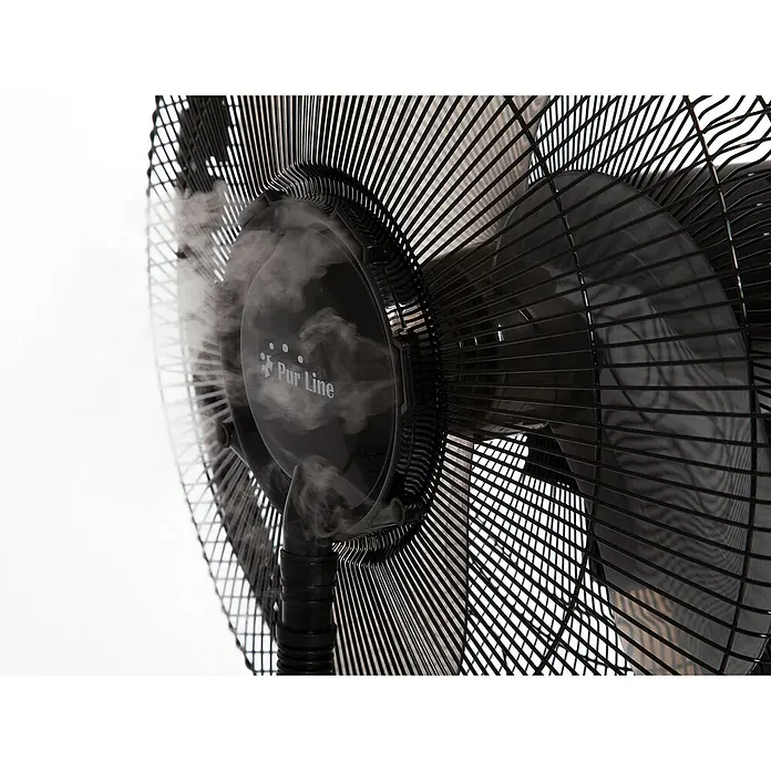 Purline Misty Ventilador de pie 1 - Negro, Altura: 125 cm - Primer plano de un ventilador Pur Line negro, que enfría y humidifica el aire. Perfecto para los días calurosos, creando un ambiente agradable.