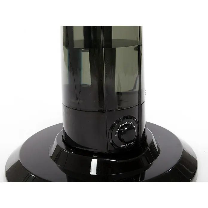 Purline Misty Ventilador de pie 1 - Negro, Altura: 125 cm - Primer plano de un humidificador con un depósito de agua transparente y un botón giratorio para el control de la potencia.
