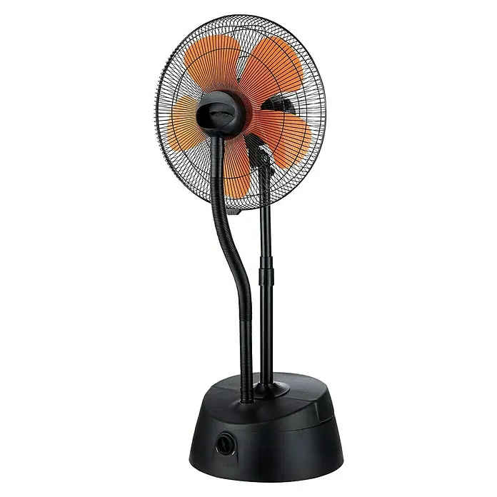 Purline Misty Ventilador de pie 10 - Altura: 128 cm - Un ventilador de pie con un marco negro y palas de rotor naranjas se muestra sobre un fondo negro.