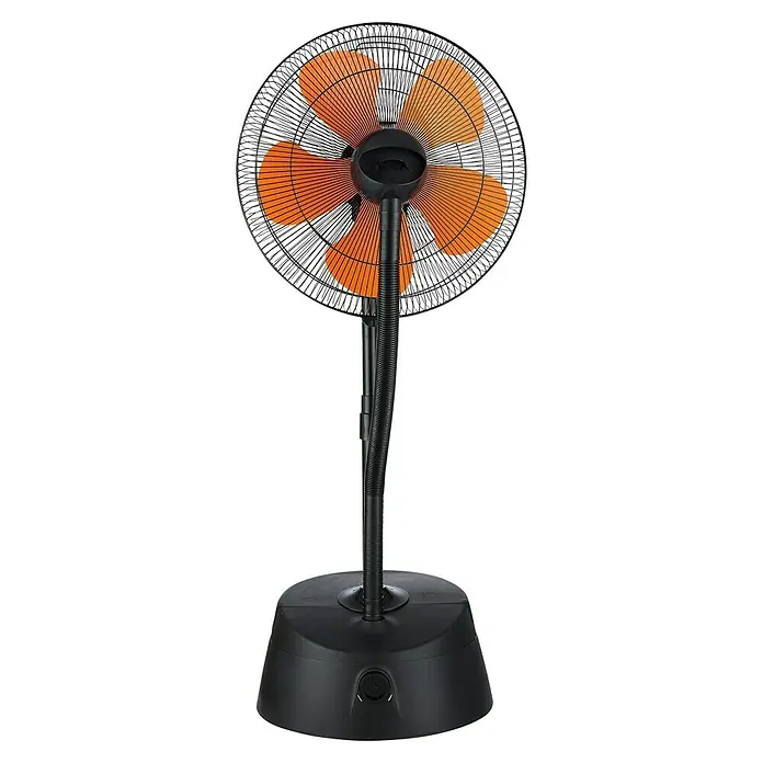 Purline Misty Ventilador de pie 10 - Altura: 128 cm - Un ventilador negro con palas naranja sobre una base negra redonda. Ideal para refrescar tu hogar.